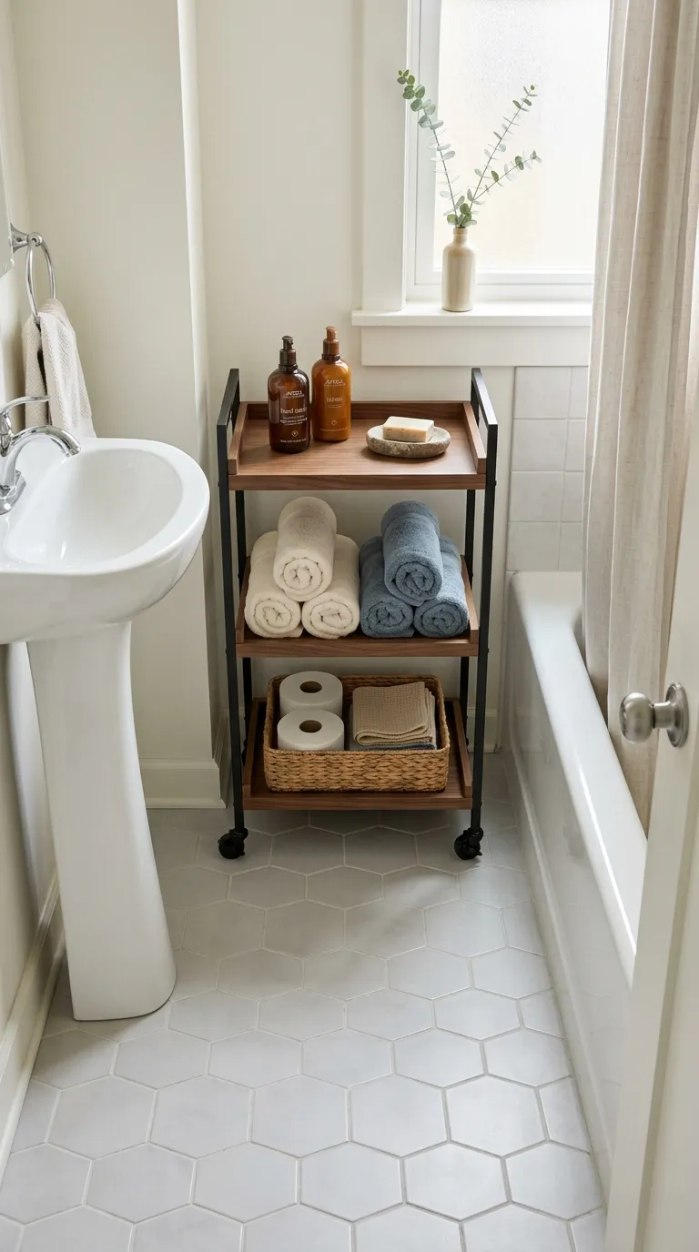 bathroom storage ideas without cabinets Use a Rolling Storage Cart