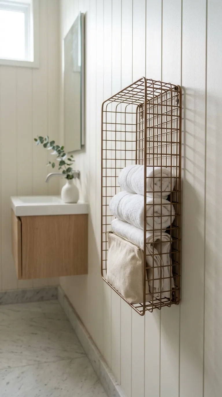 bathroom storage ideas without cabinets Use a Slim Wall-Mounted Basket