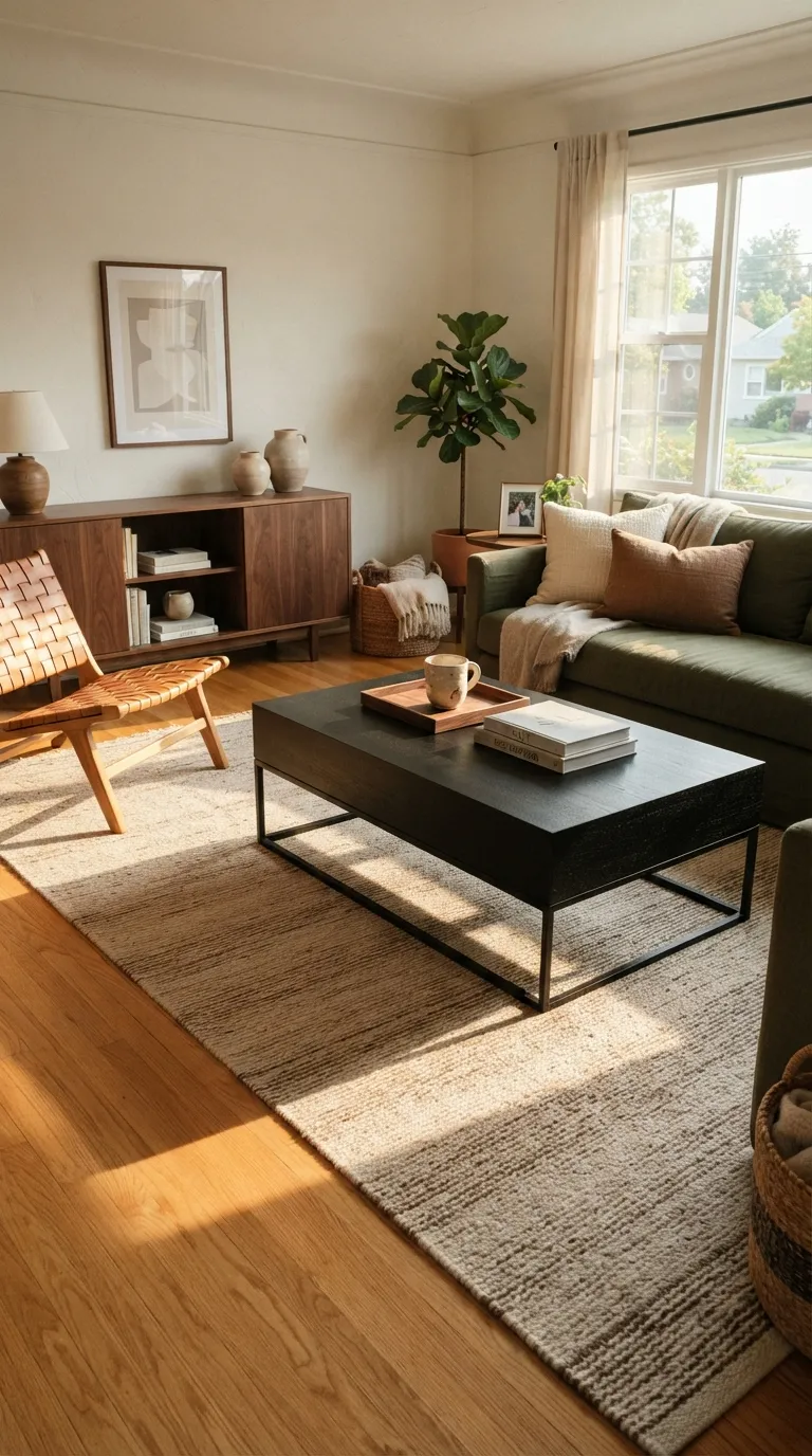 black modern coffee table living room ideas Add Warm Walnut Accents