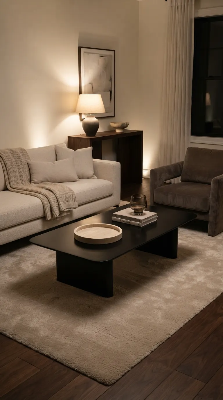 black modern coffee table living room ideas Finish With Soft Lighting