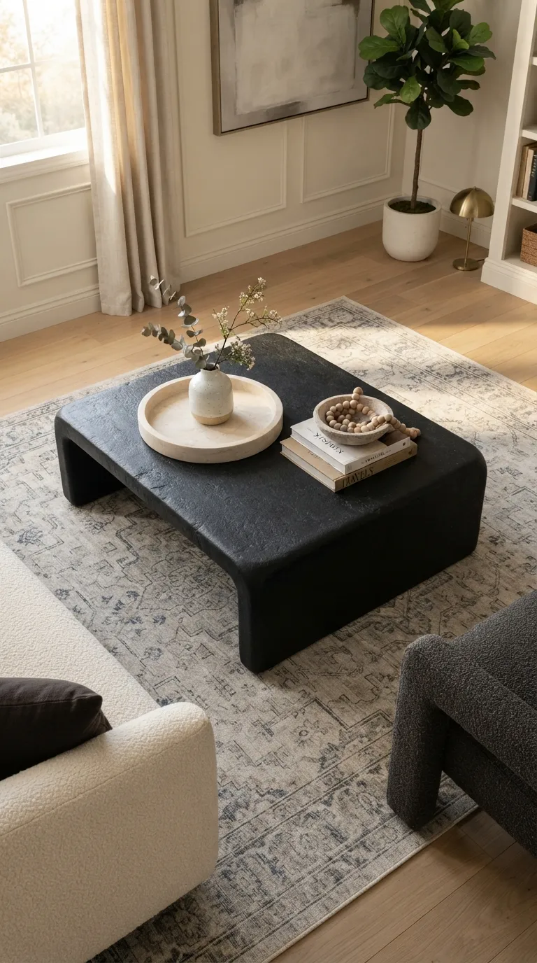 black modern coffee table living room ideas Layer a Stone Tray