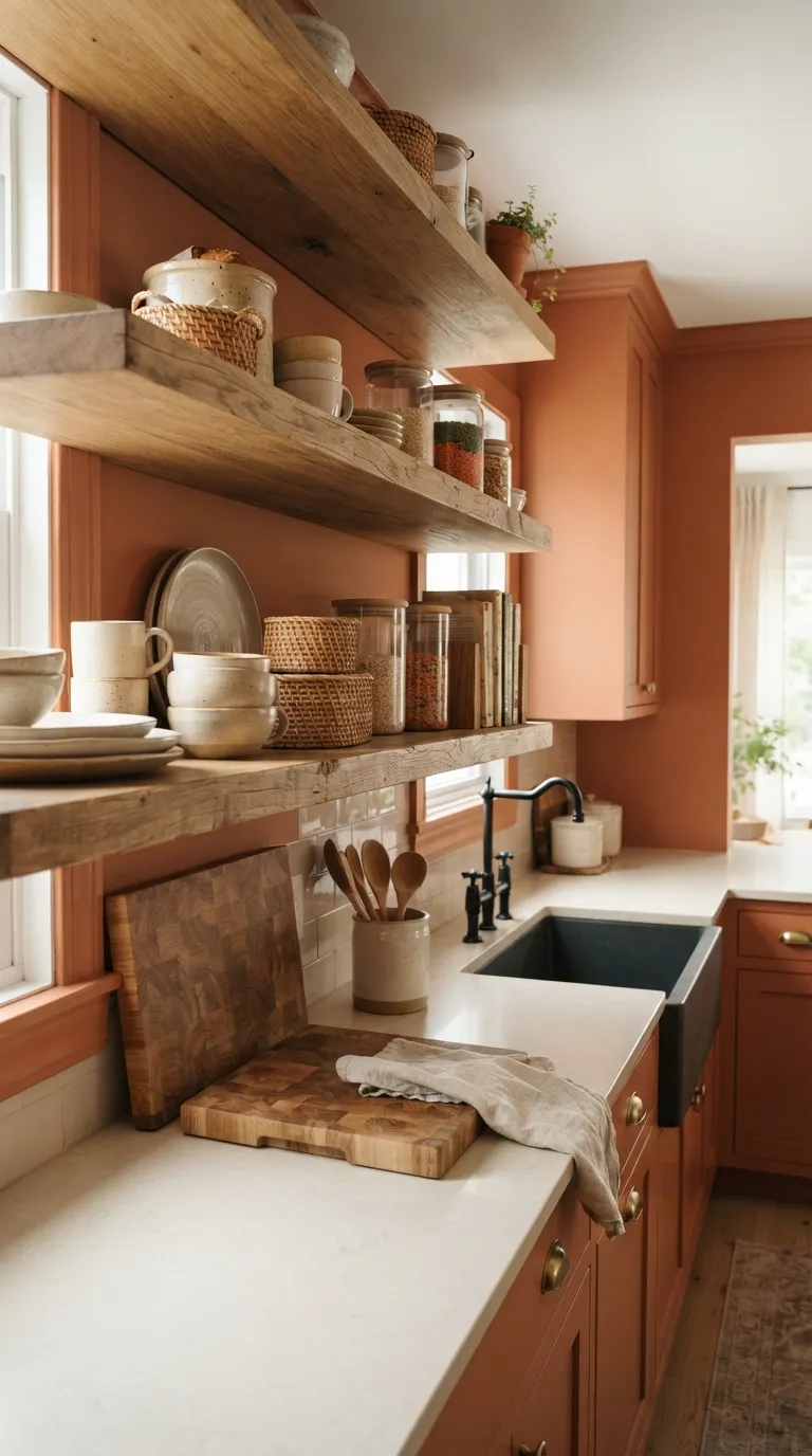 Color Drenching Kitchen Carry Color Through Open Shelves