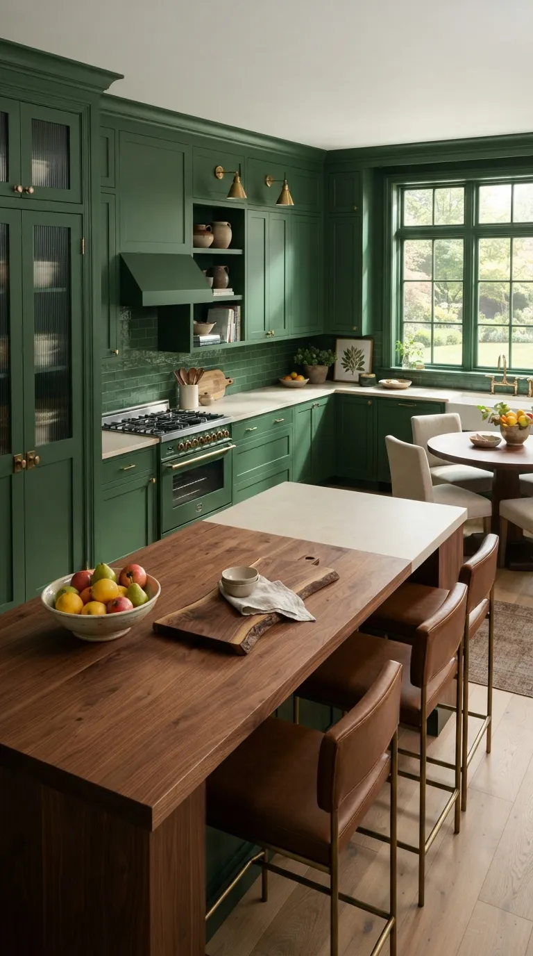 Color Drenching Kitchen Pair Deep Green With Natural Wood