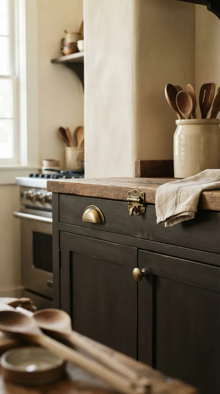 Dark Cottagecore Kitchen Antique Brass Hardware