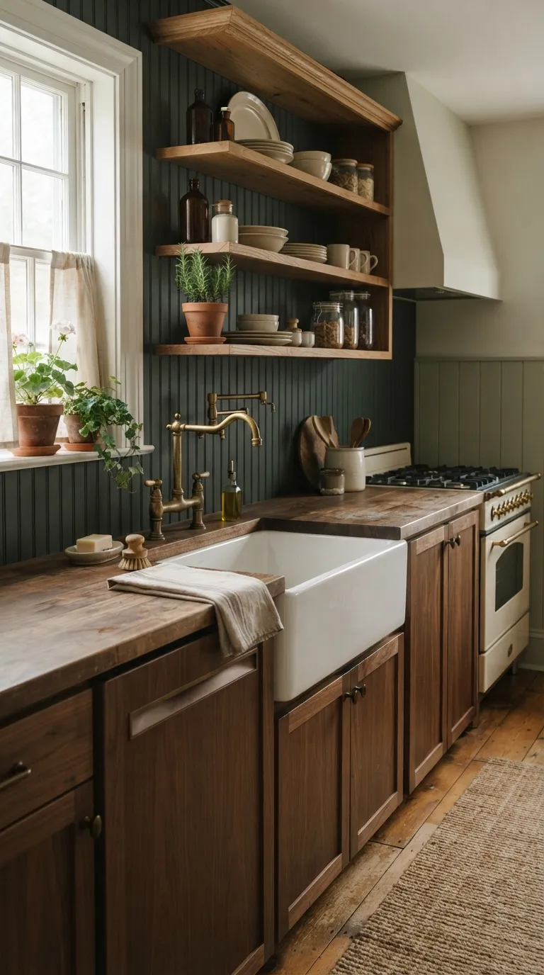 Dark Cottagecore Kitchen Dark Beadboard Backsplash