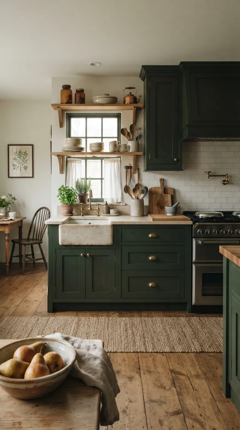 Dark Cottagecore Kitchen Deep Green Cabinetry