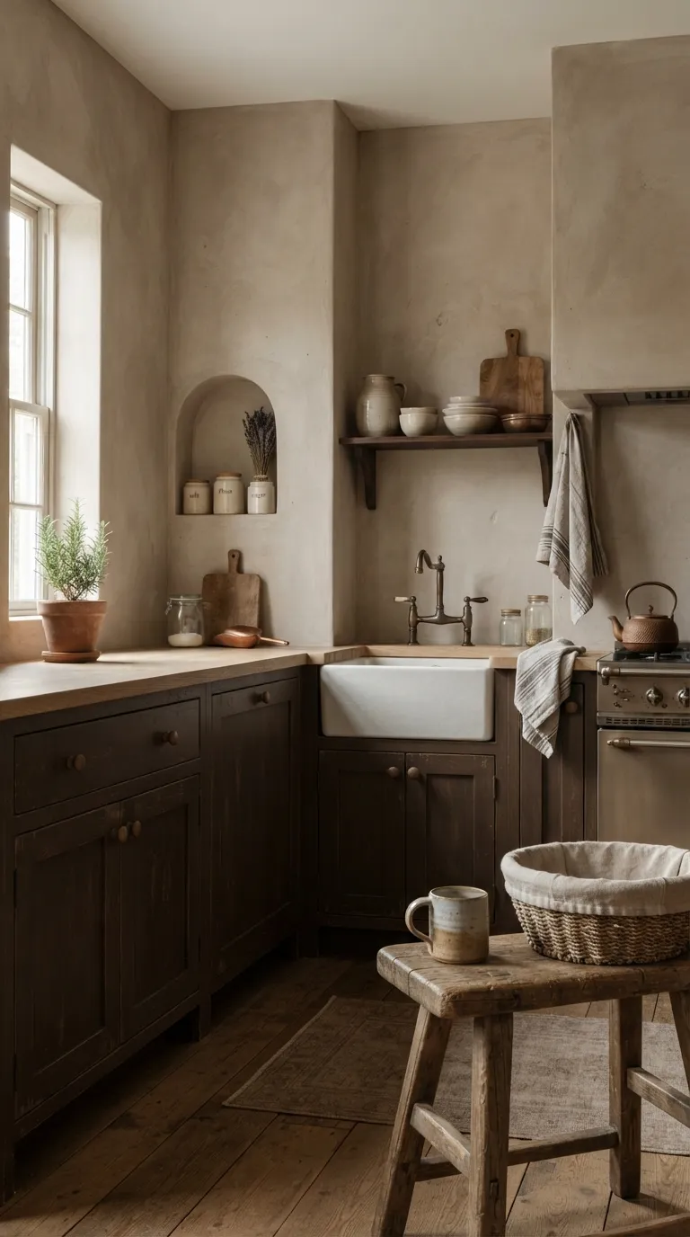 Dark Cottagecore Kitchen Plaster Walls