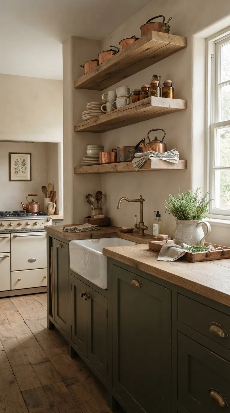 Dark Cottagecore Kitchen Vintage Open Shelving