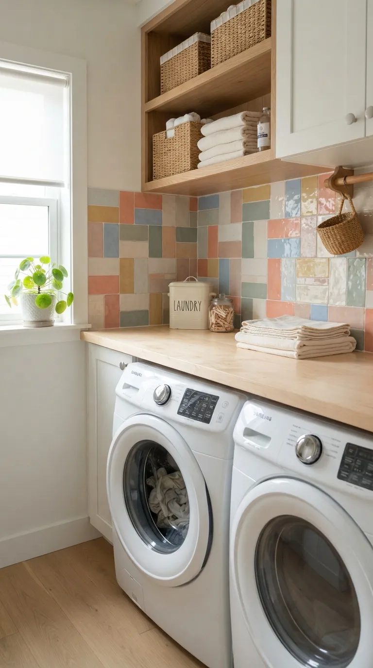DIY laundry room countertop ideas Colorful Tile Backdrop