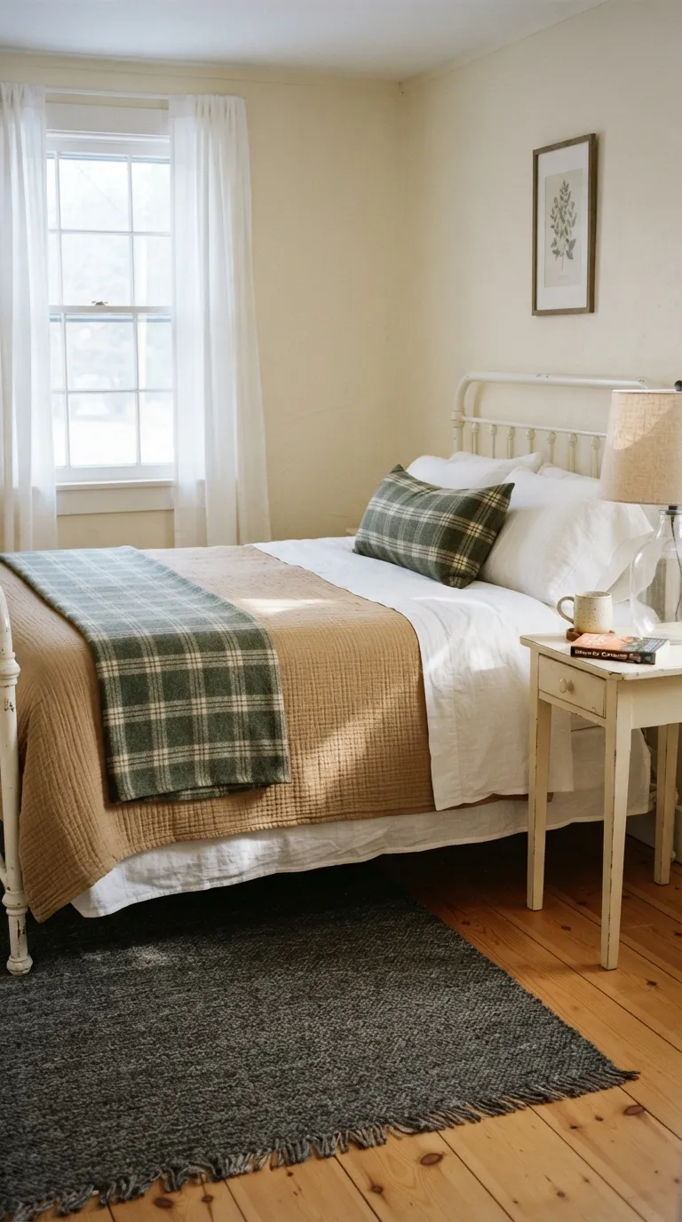 farmhouse guest room decorating ideas Soft Plaid Accents