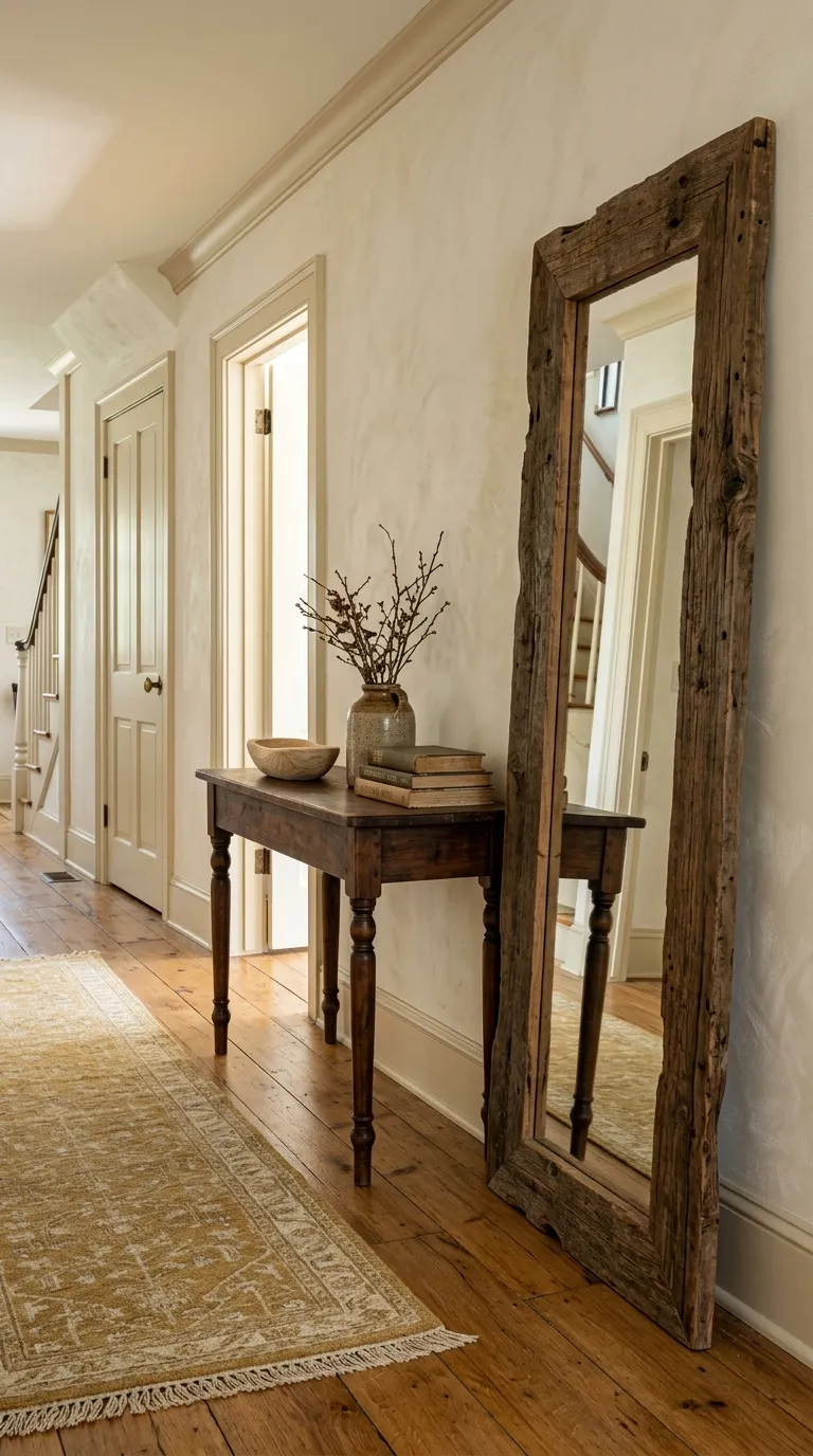 farmhouse hallway decor ideas Layered Wood Tones