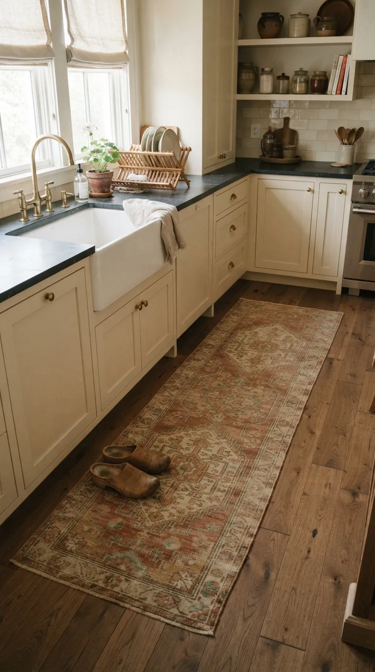 Grandma Core Kitchen A Small Vintage Rug Beside the Sink