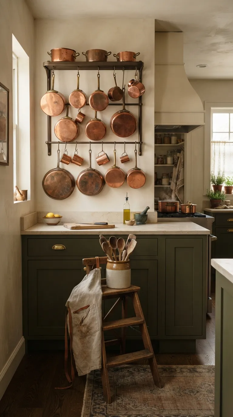 Grandma Core Kitchen Copper Pots on an Open Wall Rack