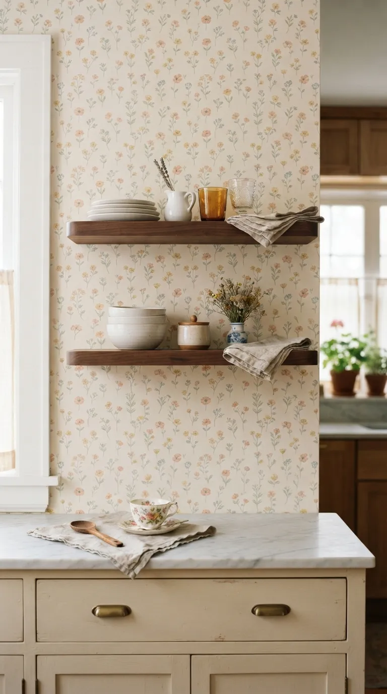 Grandma Core Kitchen Floral Wallpaper Behind Open Shelves