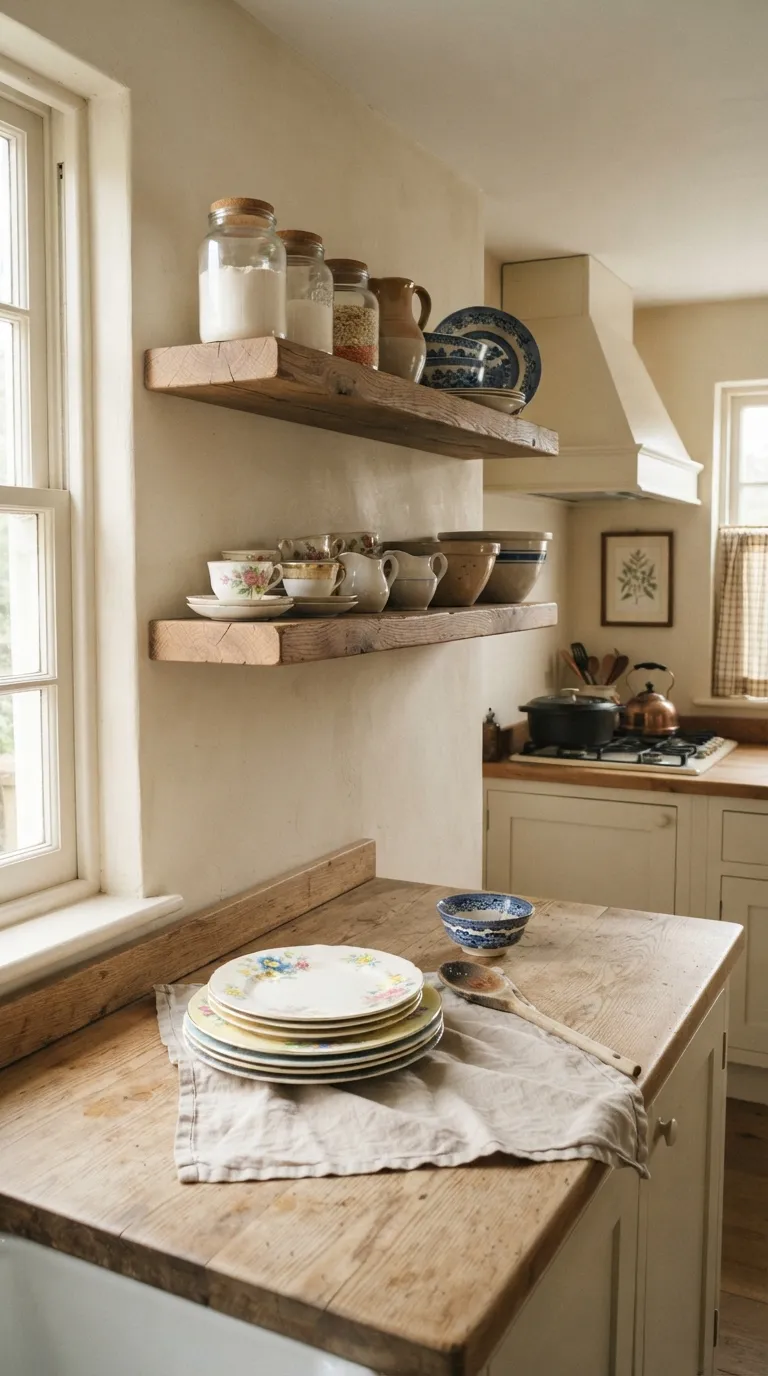 Grandma Core Kitchen Open Shelves Filled With Vintage Dishes