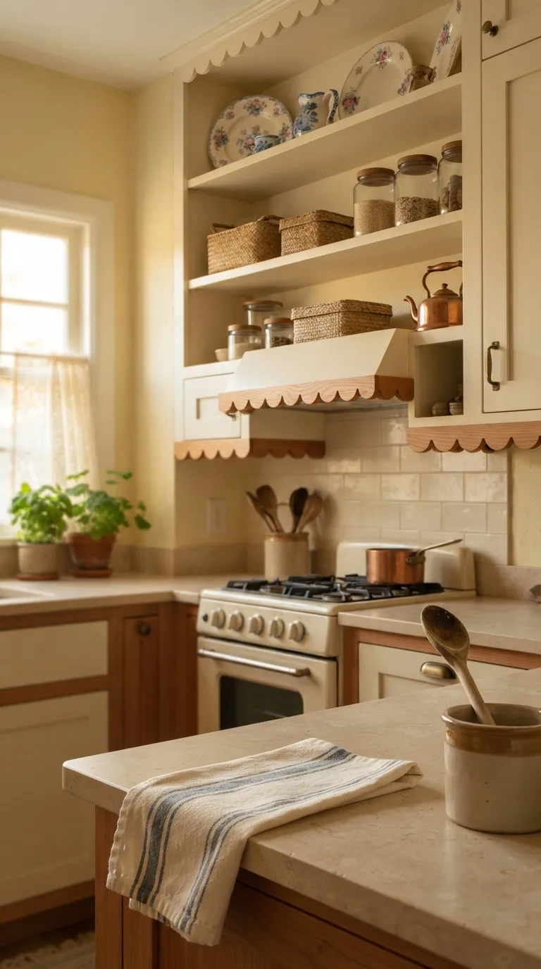 Grandma Core Kitchen Scalloped Trim on Cabinets and Shelves