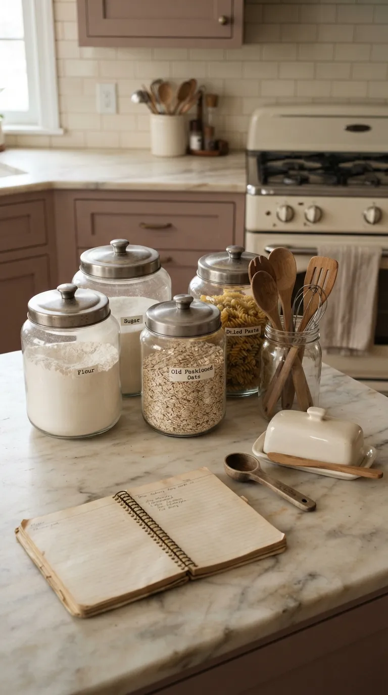 Grandma Core Kitchen Vintage-Style Glass Canisters on the Counter