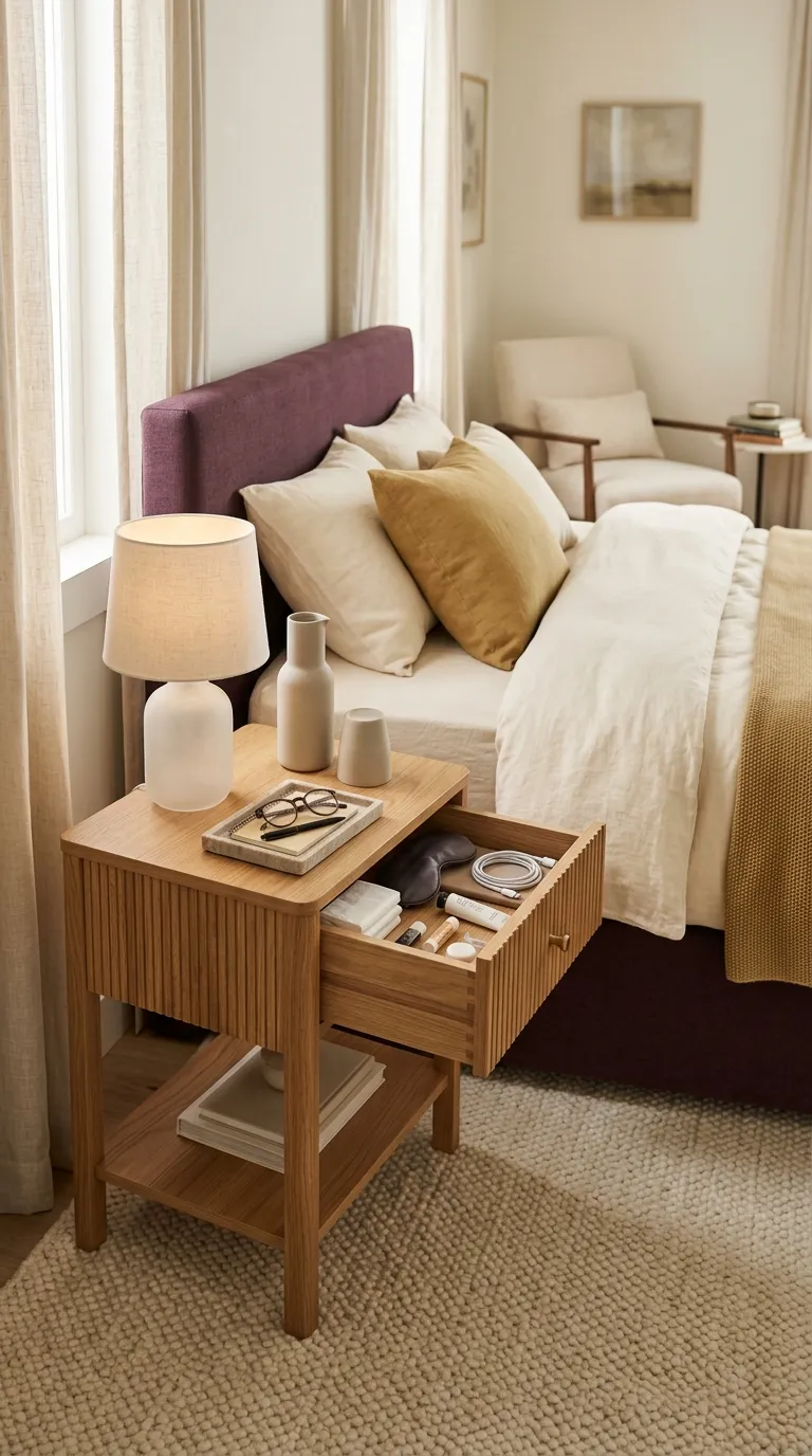 how to make a guest room feel like a hotel Thoughtful Nightstand Storage