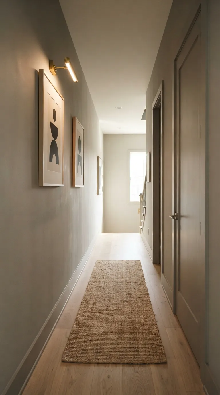 how to make a narrow hallway look wider Keep Decor Above Eye Level