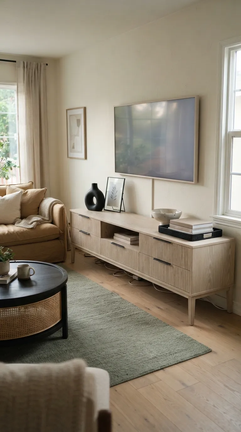 how to style a tv stand with decor Add a Touch of Black for Contrast