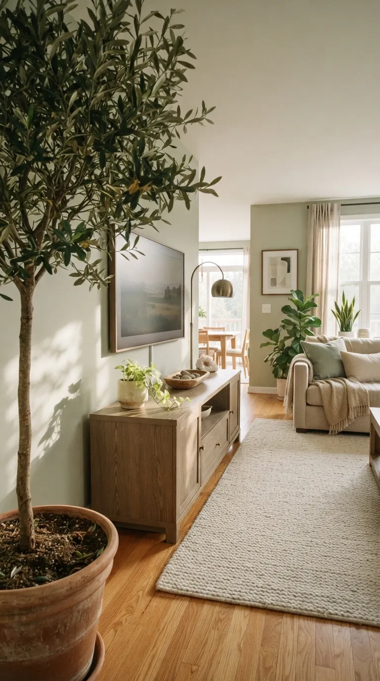 how to style a tv stand with decor Add Greenery for a Softer Look
