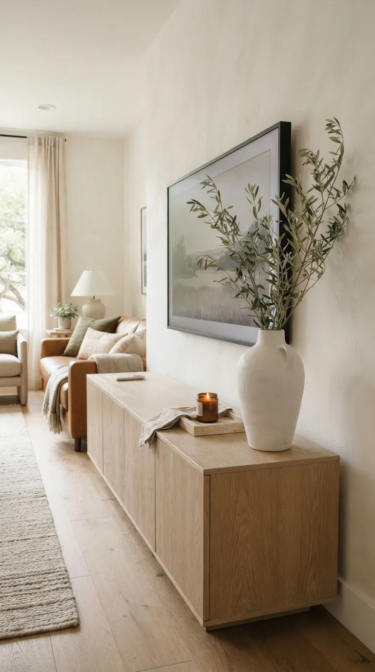 how to style a tv stand with decor Add Height With One Statement Vase
