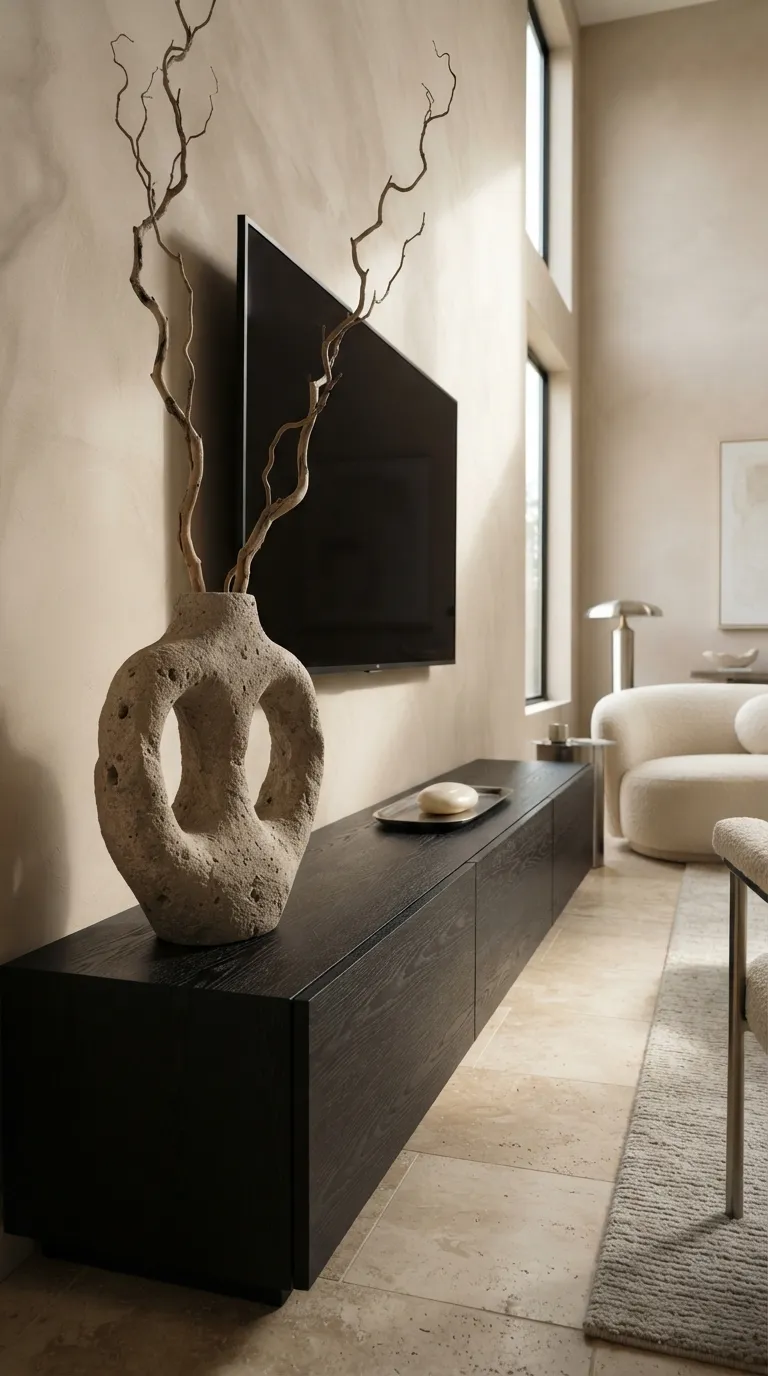 how to style a tv stand with decor Add One Oversized Statement Piece