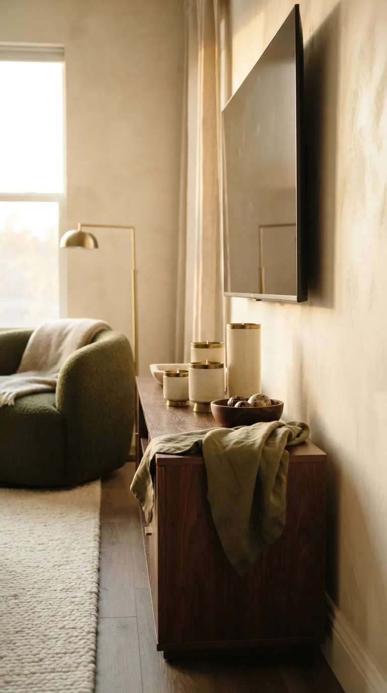how to style a tv stand with decor Add Warmth With Candles