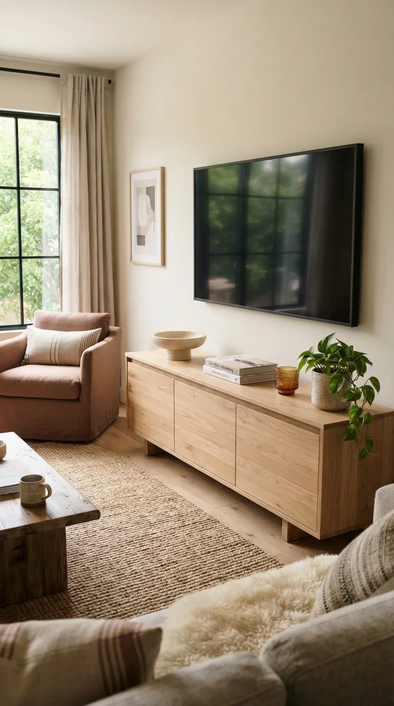 how to style a tv stand with decor Balance the TV With Low Decor