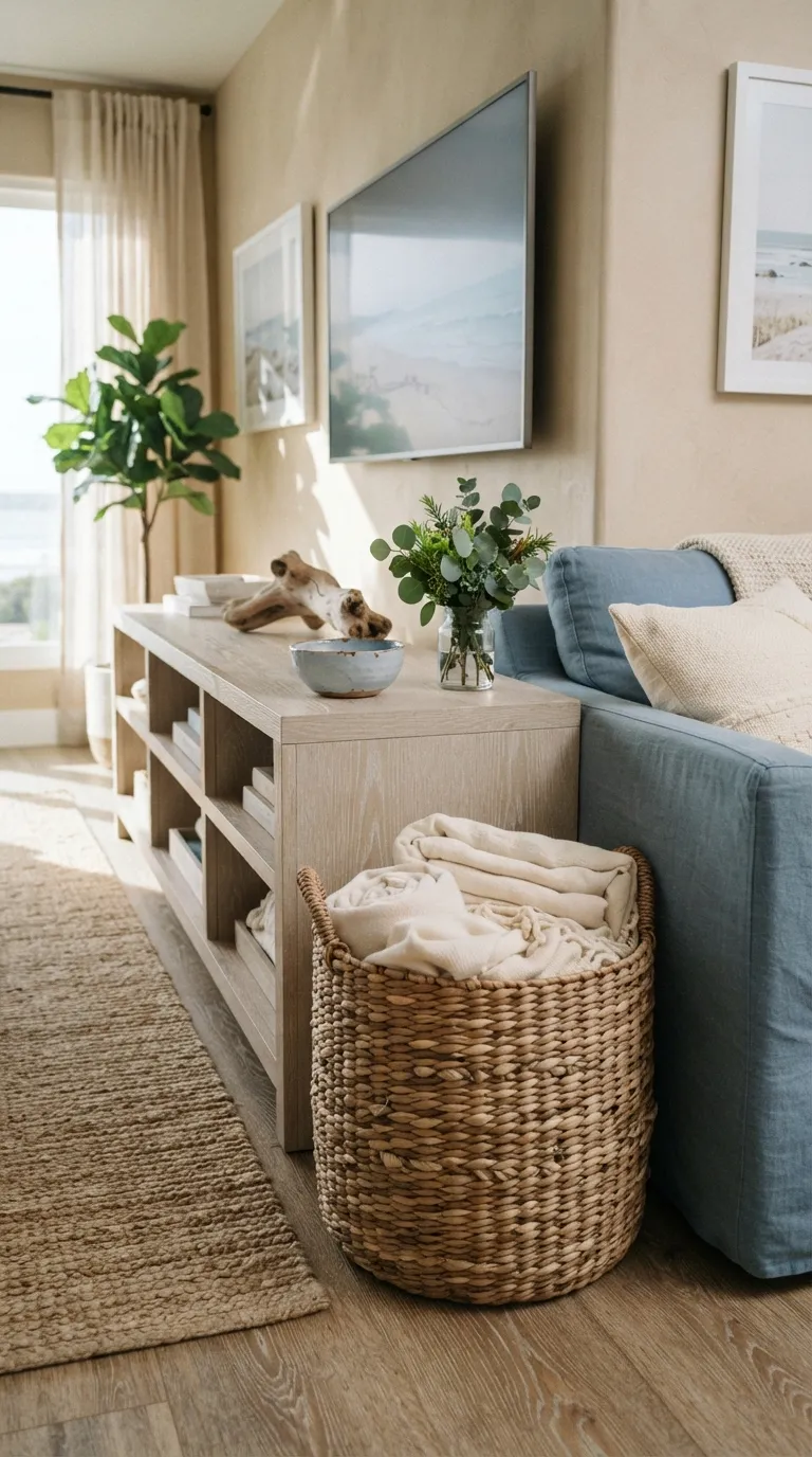 how to style a tv stand with decor Bring In a Woven Basket