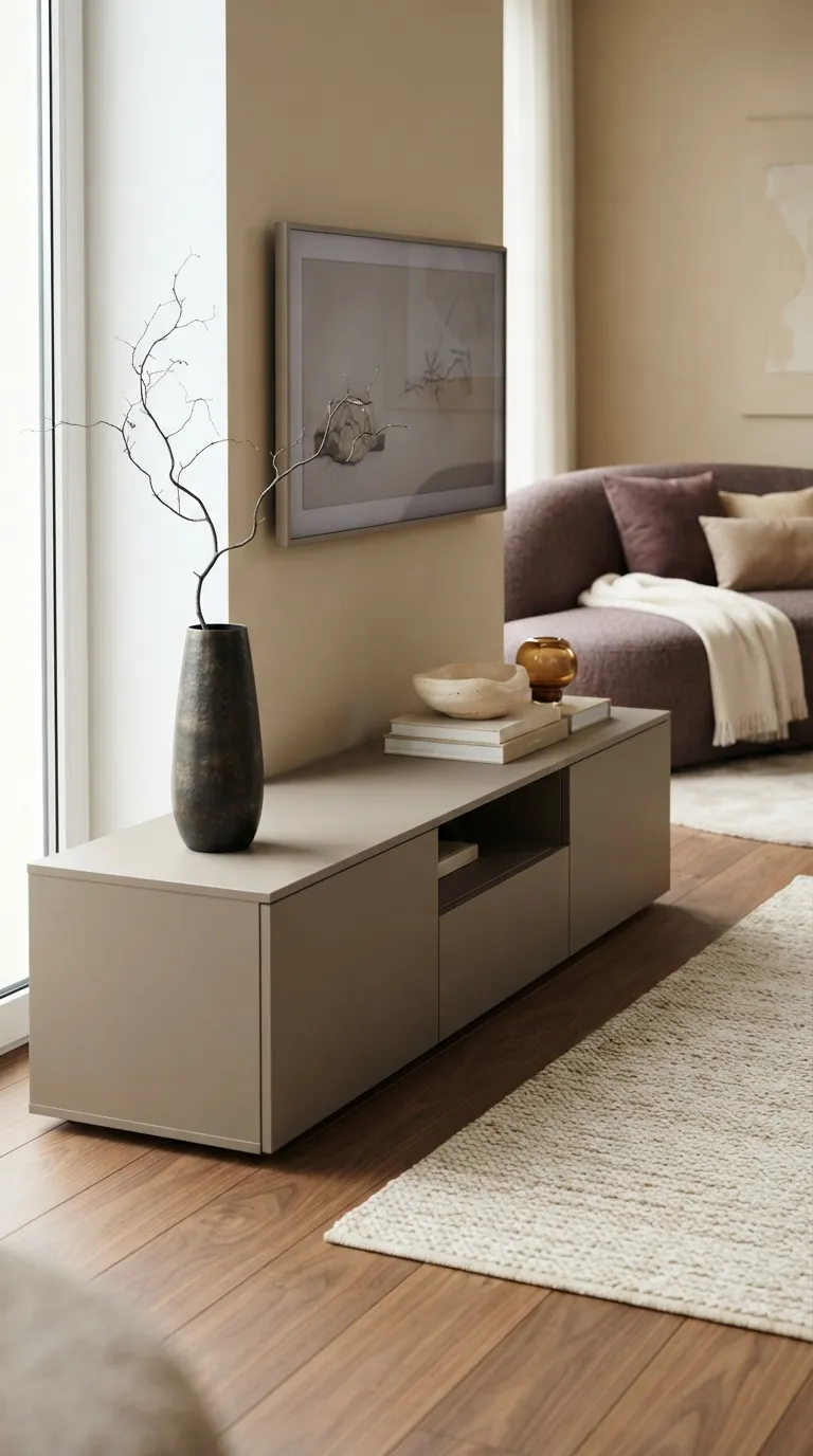 how to style a tv stand with decor Create an Asymmetrical Arrangement