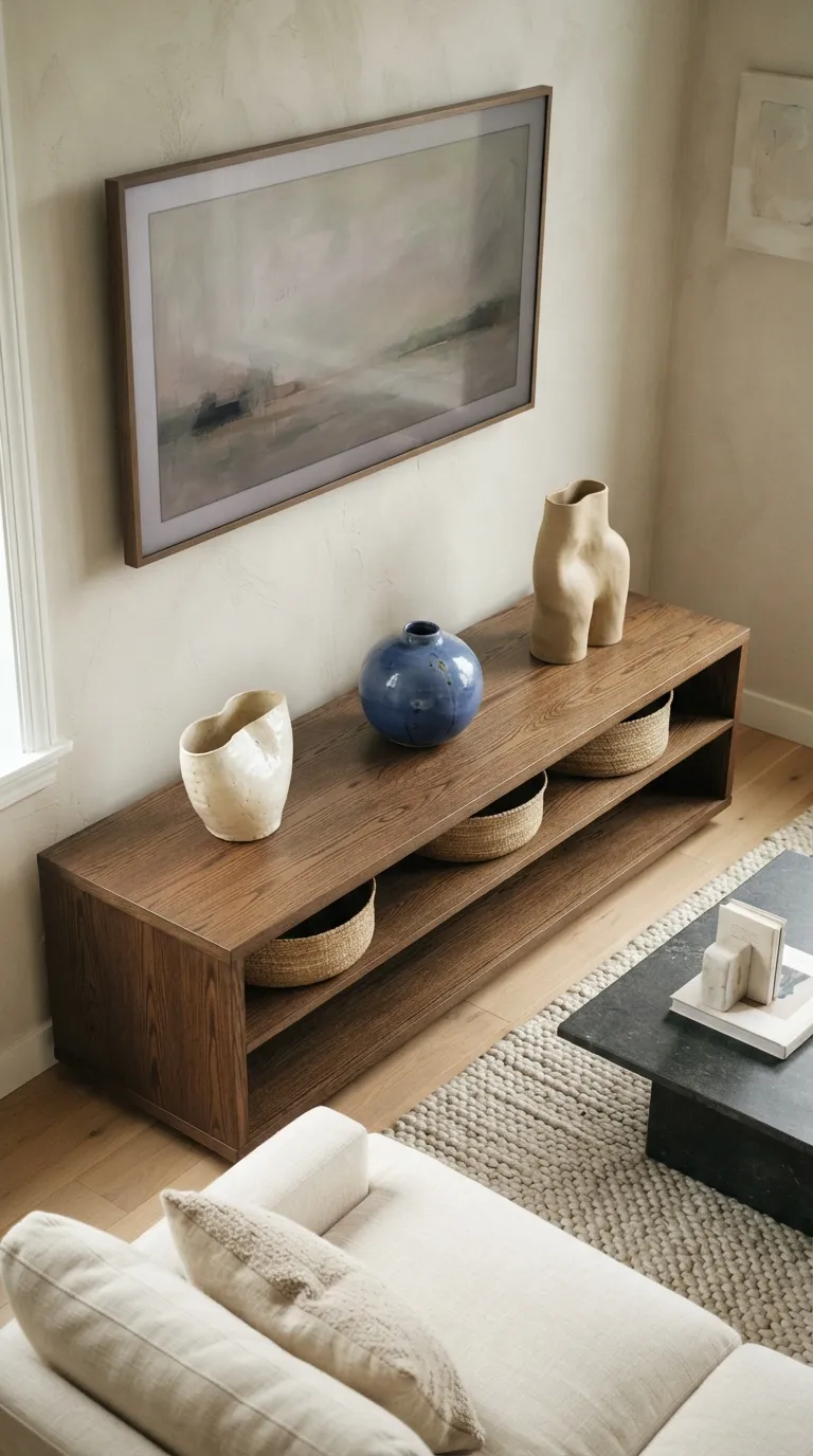 how to style a tv stand with decor Decorate With Sculptural Ceramics