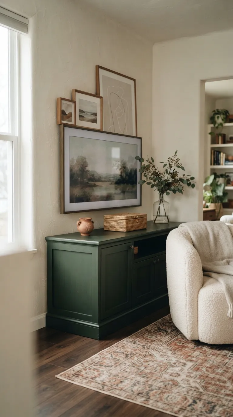 how to style a tv stand with decor Layer Framed Art Behind the Console