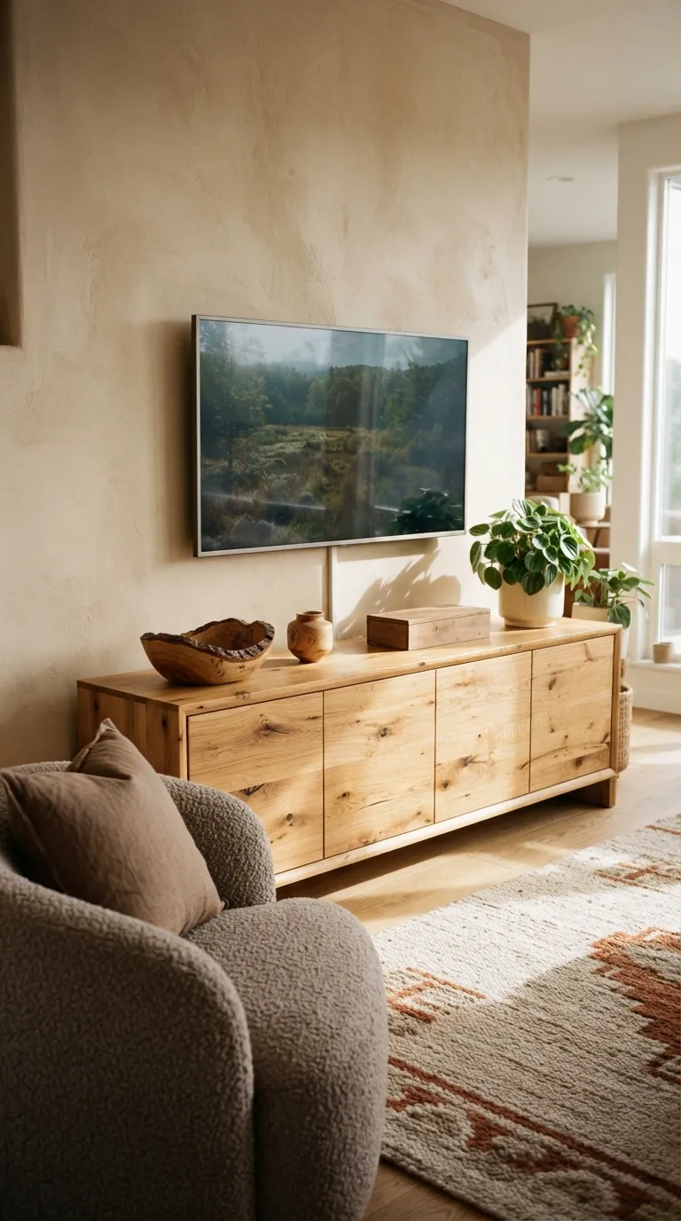 how to style a tv stand with decor Layer in Natural Wood Accents