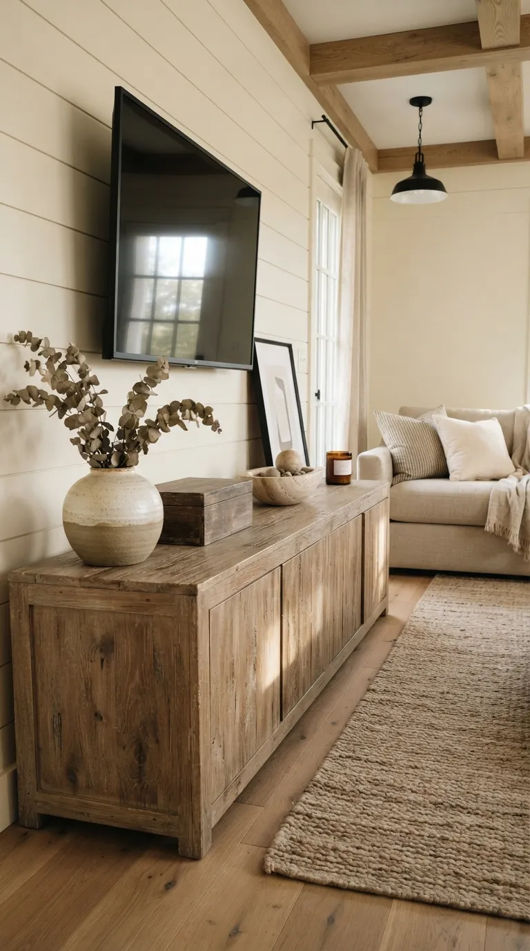 how to style a tv stand with decor Mix Round and Angular Shapes