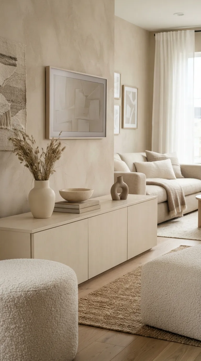 how to style a tv stand with decor Try a Soft Neutral Palette