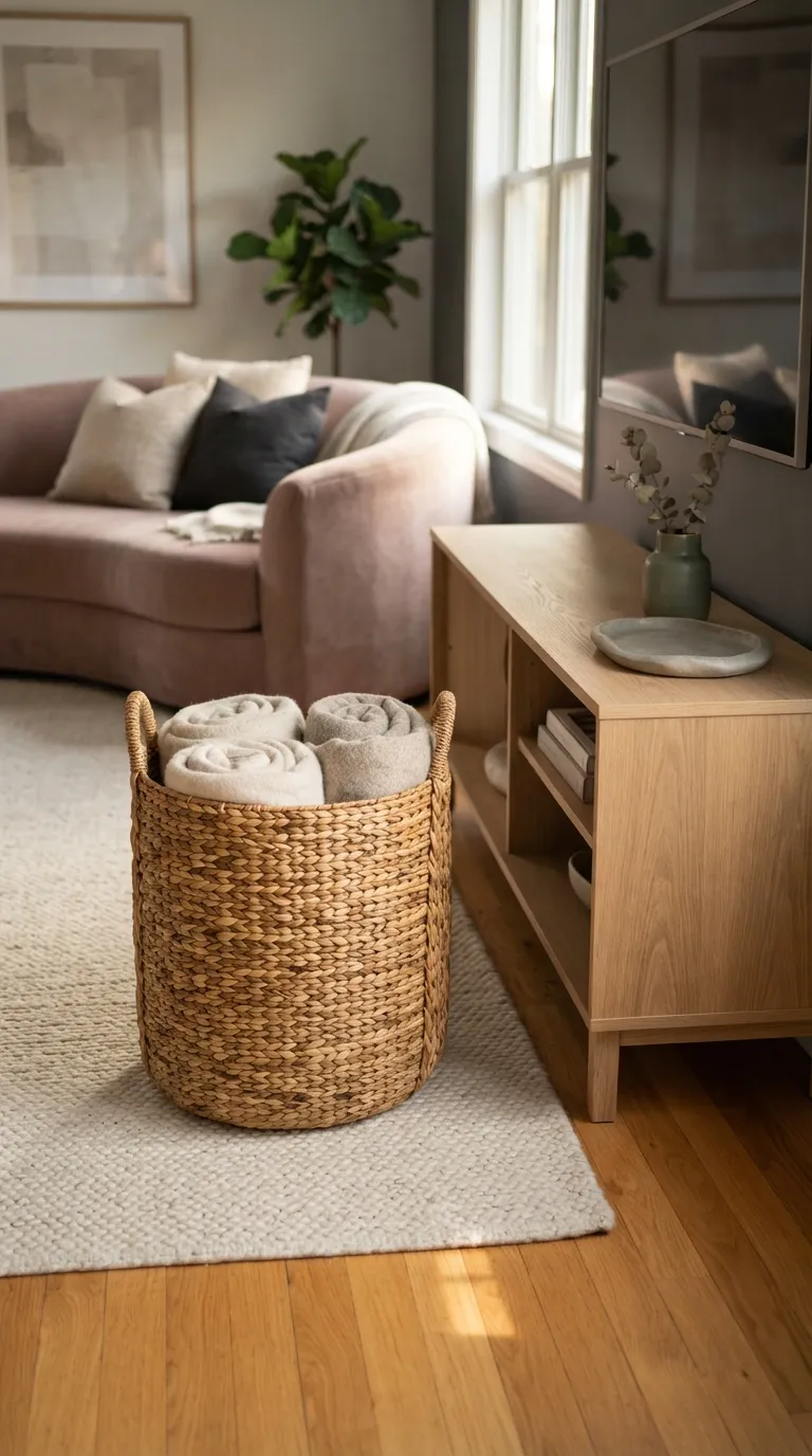 how to style a tv stand with decor Use a Floor Basket Beside the TV Stand