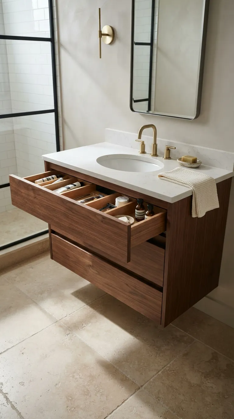 minimalist bathroom storage ideas Add a Floating Vanity With Deep Drawers