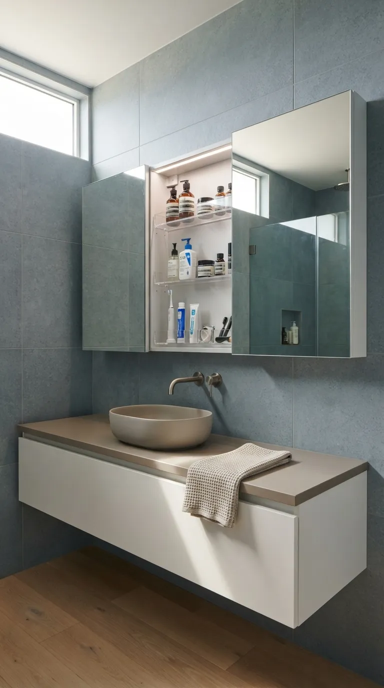 minimalist bathroom storage ideas Install a Mirrored Medicine Cabinet