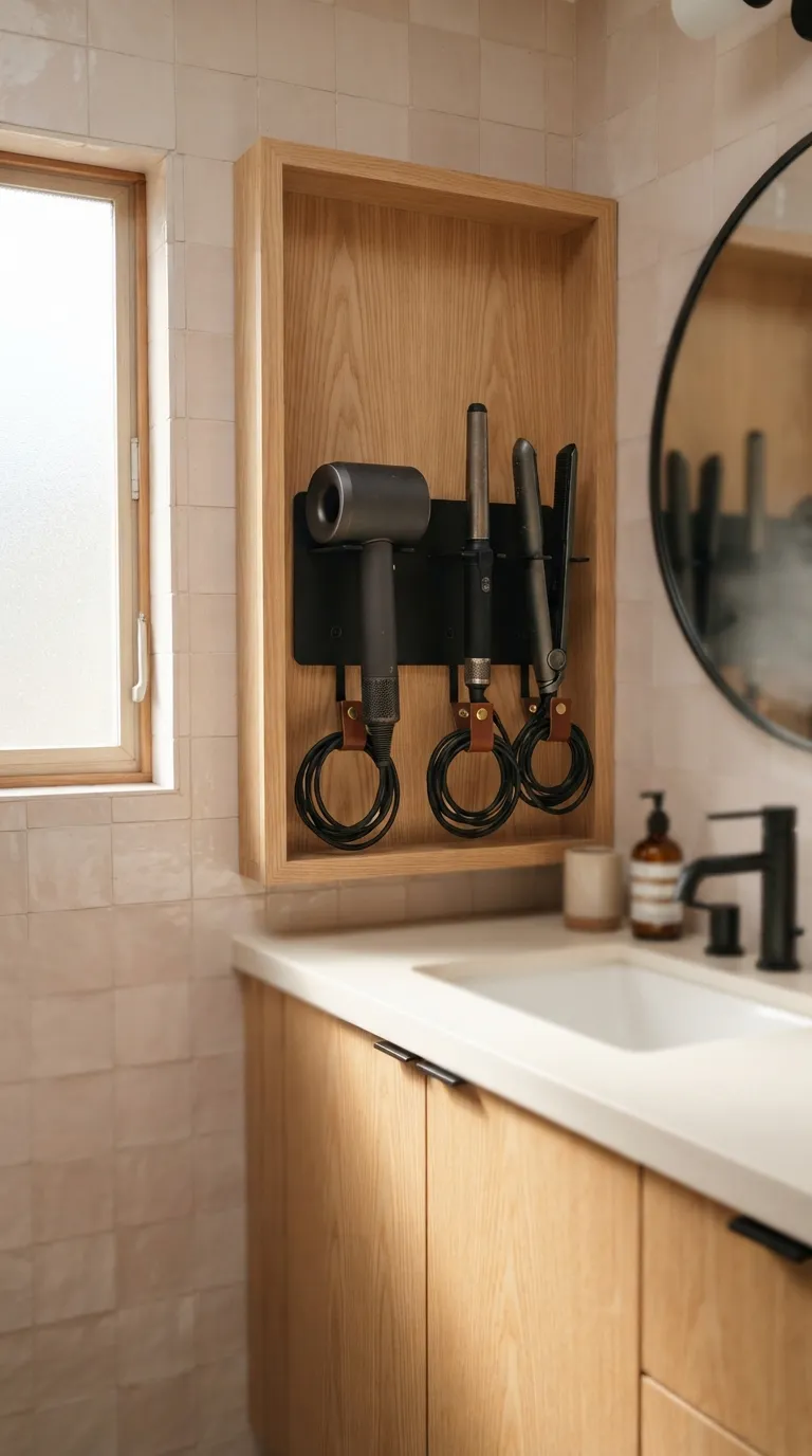 minimalist bathroom storage ideas Install a Wall-Mounted Hair Tool Organizer