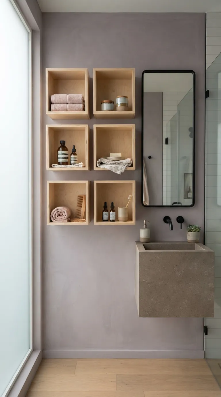 minimalist bathroom storage ideas Store Daily Essentials in Wall-Mounted Cubbies