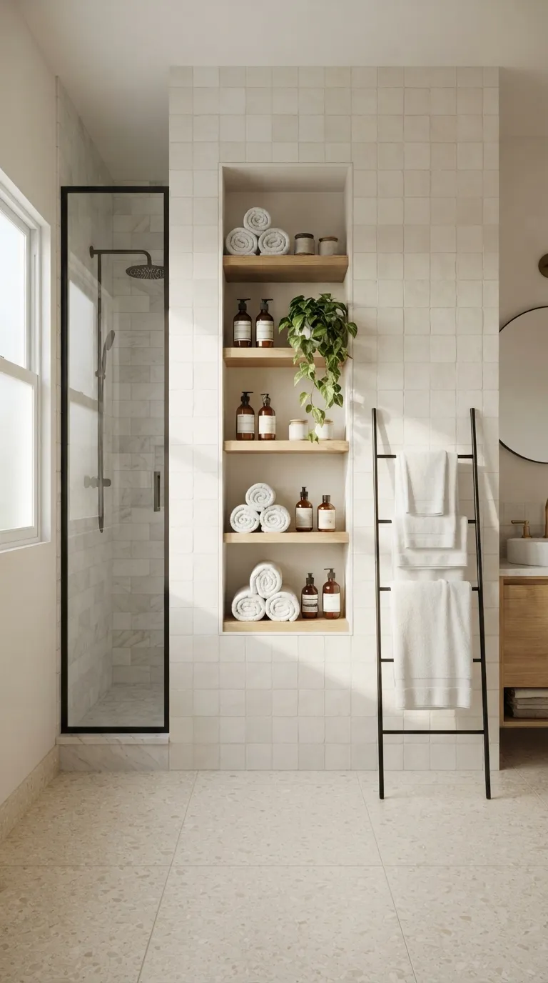 minimalist bathroom storage ideas Turn an Empty Wall Into Recessed Shelving