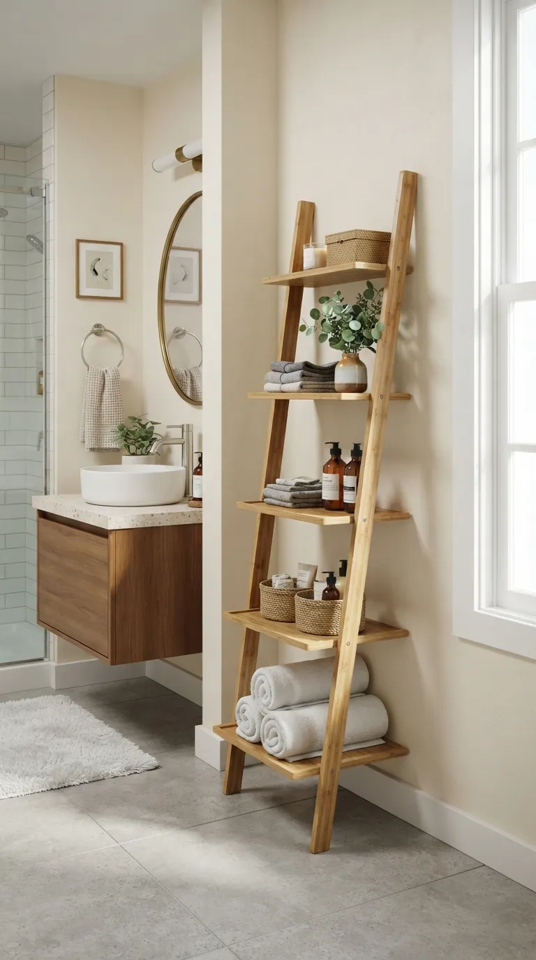 minimalist bathroom storage ideas Use a Freestanding Ladder Shelf