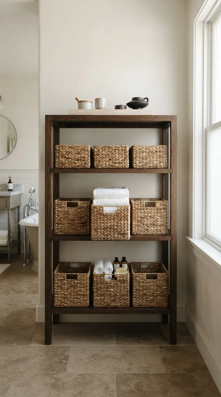 minimalist bathroom storage ideas Use Matching Baskets Inside Open Shelves