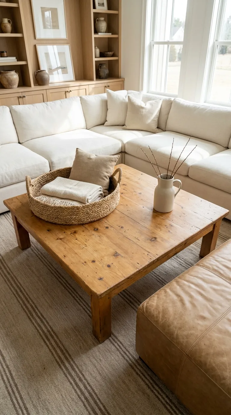 modern farmhouse coffee table decor ideas Add A Woven Basket