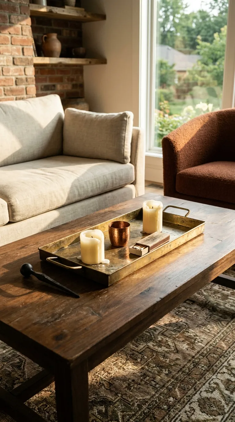modern farmhouse coffee table decor ideas Add Aged Metal