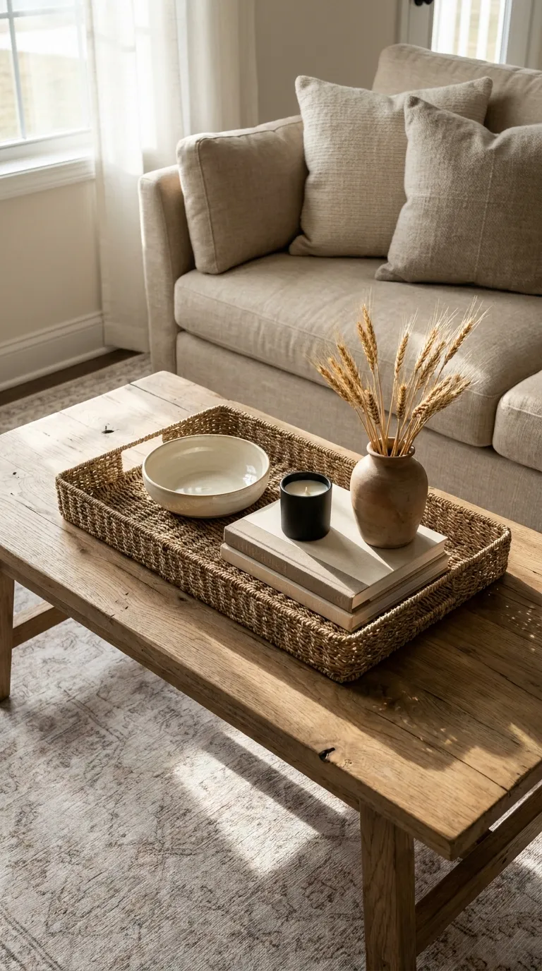 modern farmhouse coffee table decor ideas Start With a Wooden Tray