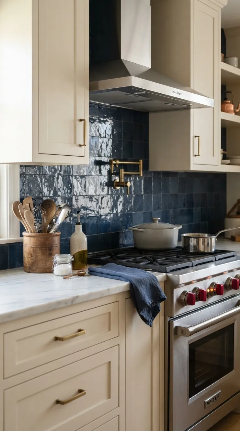 Moody Blue Kitchen Blue Backsplash Behind The Range