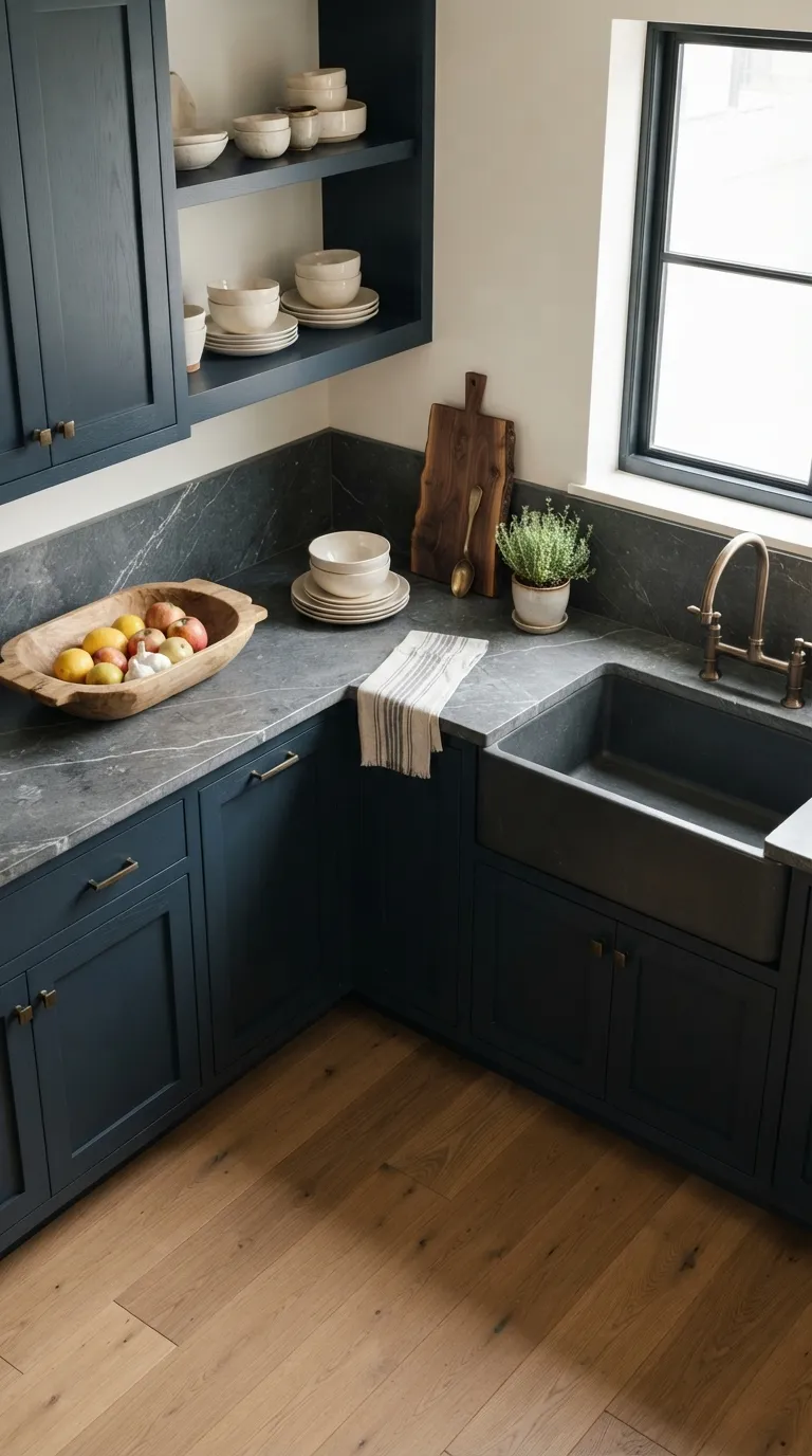 Moody Blue Kitchen Blue Cabinets And Natural Stone