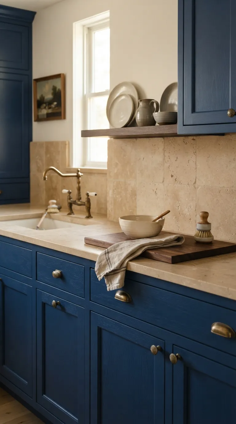 Moody Blue Kitchen Blue Cabinets With Aged Brass